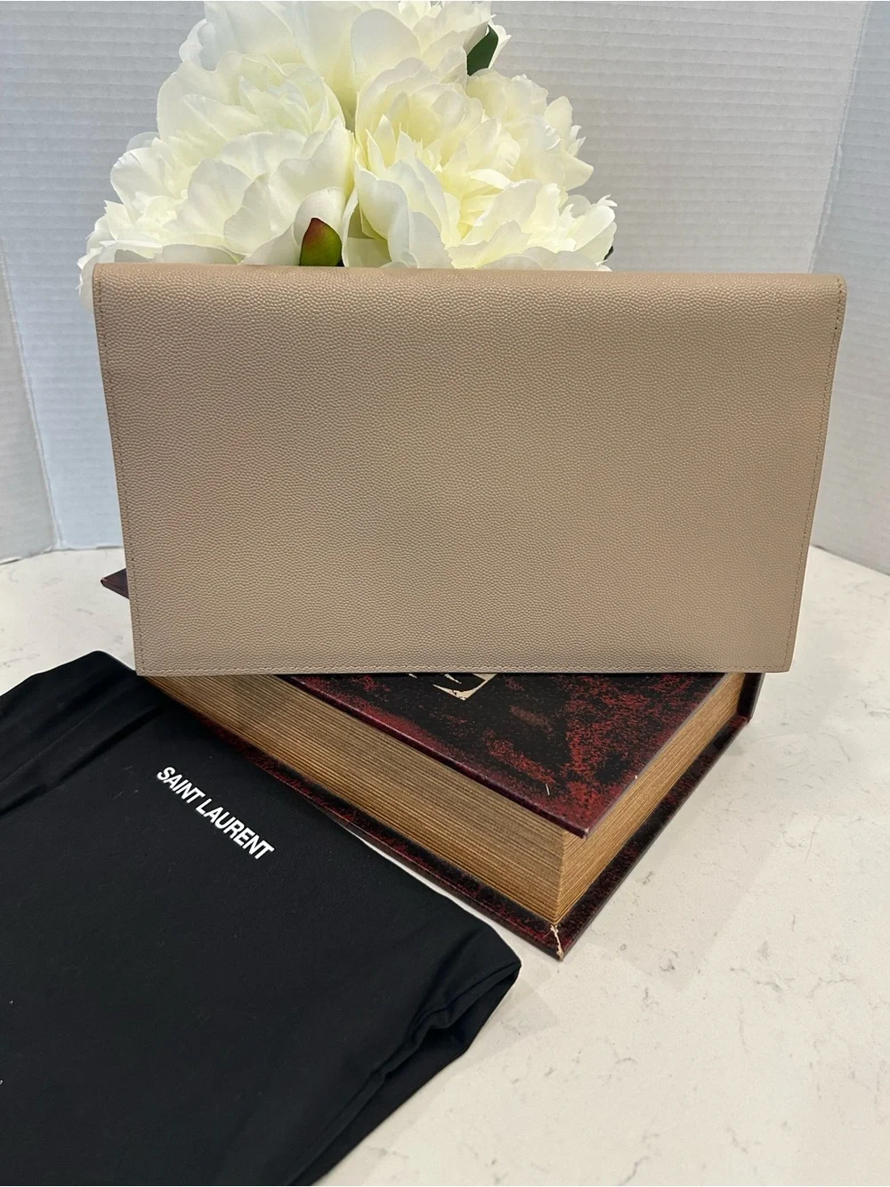 Saint Laurent Taupe Envelope Clutch with Gold YSL Hardware